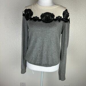 Vince Camuto Womens Lightweight Gray Lace Embellished Long Sleeve Sz L Sweater